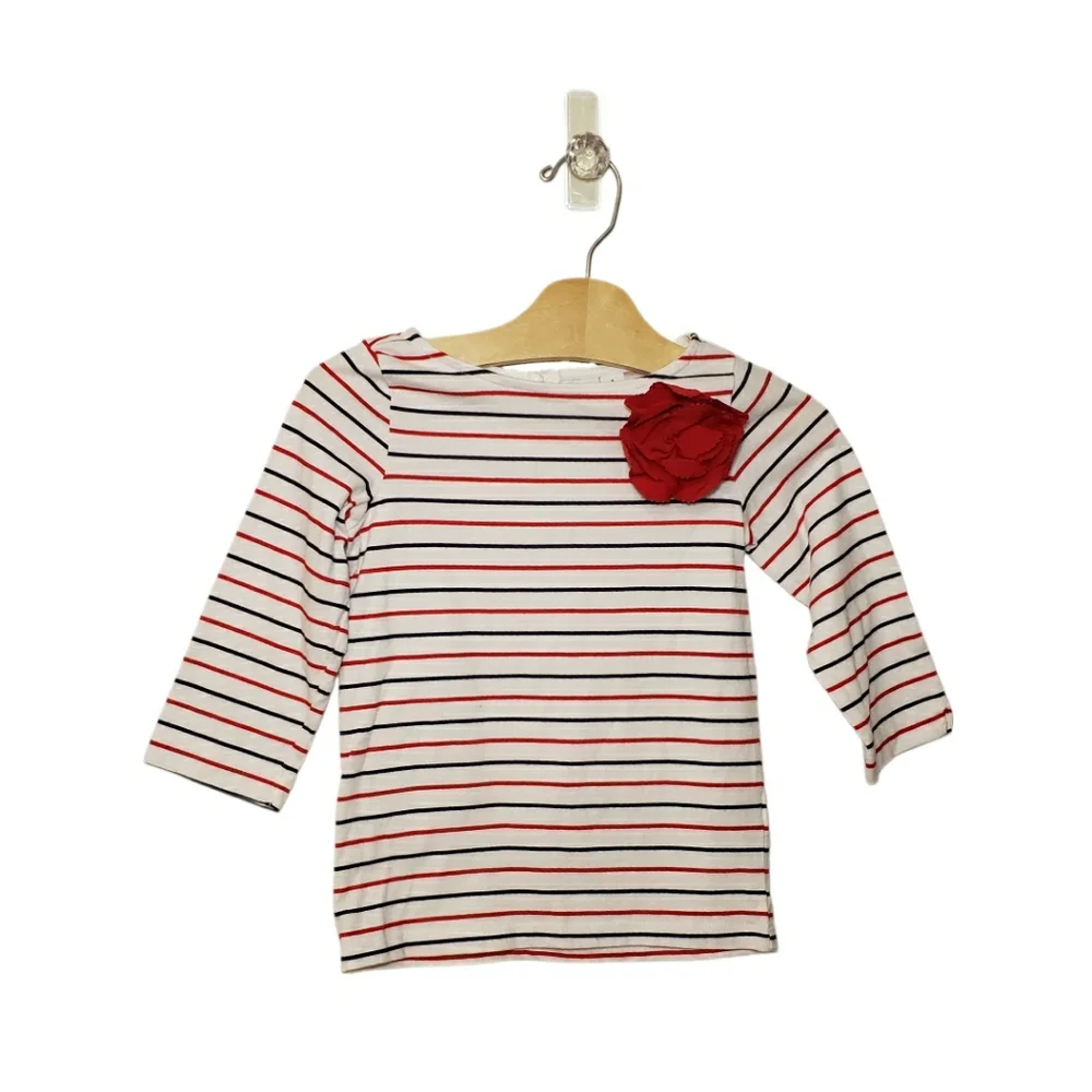 Janie and Jack Size 5 Girls Striped 3/4 Sleeve Tee with Red Rosette Flower